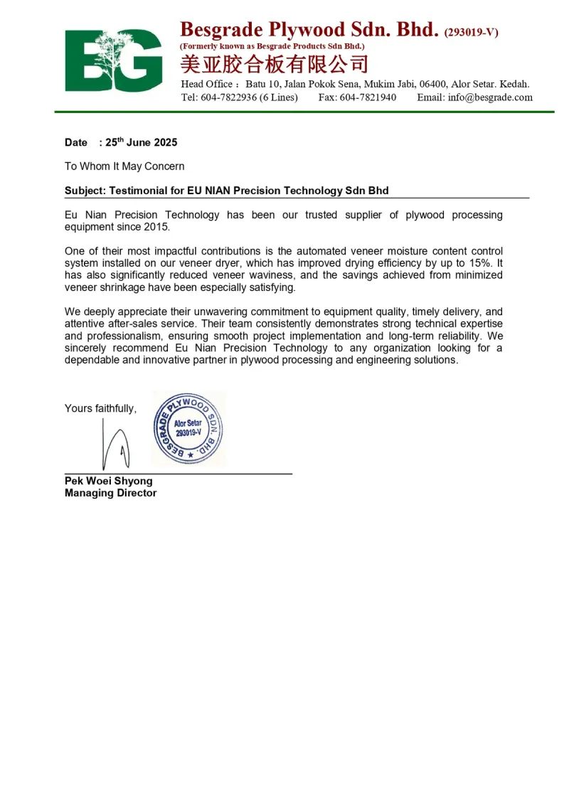 Testimonial letter from Besgrade Plywood Sdn. Bhd., Malaysia