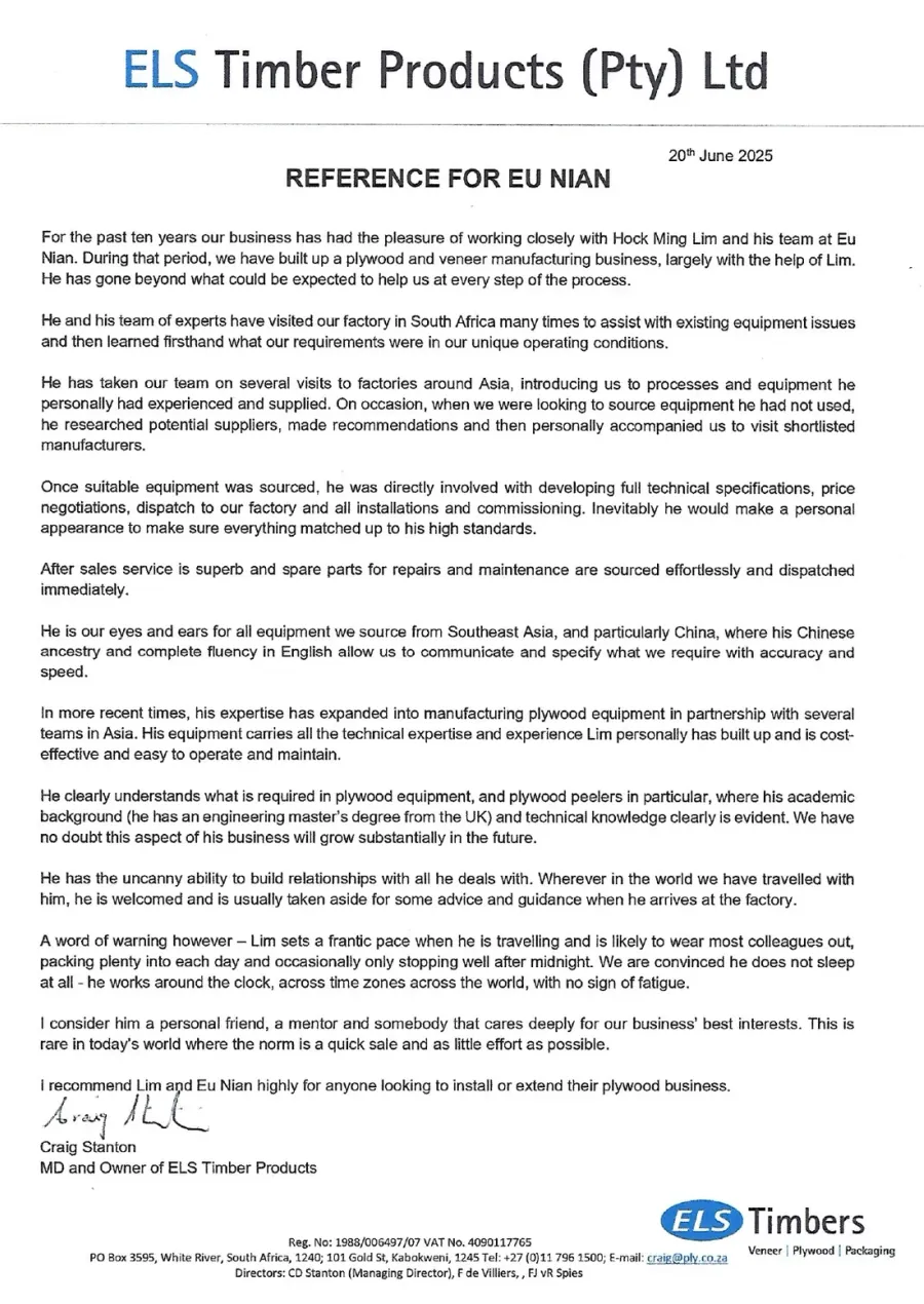 Letter of reference from ELS Timber Products