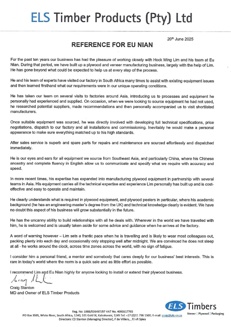 Letter of reference from ELS Timber Products (Pty) Ltd, South Africa