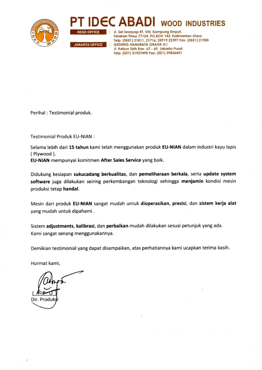 Signed testimonial letter from PT IDEC Abadi Wood Industries