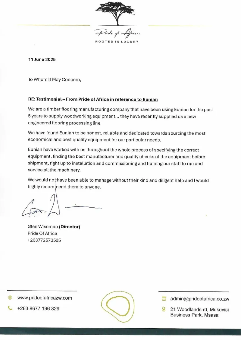 Signed testimonial letter from Pride of Africa Exports, Zimbabwe
