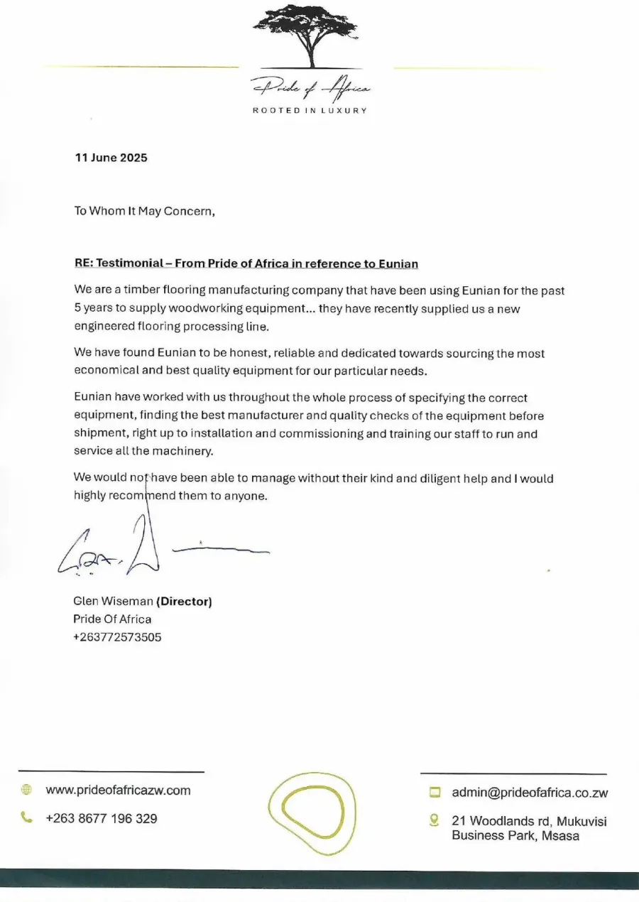 Signed testimonial letter from Pride of Africa Exports
