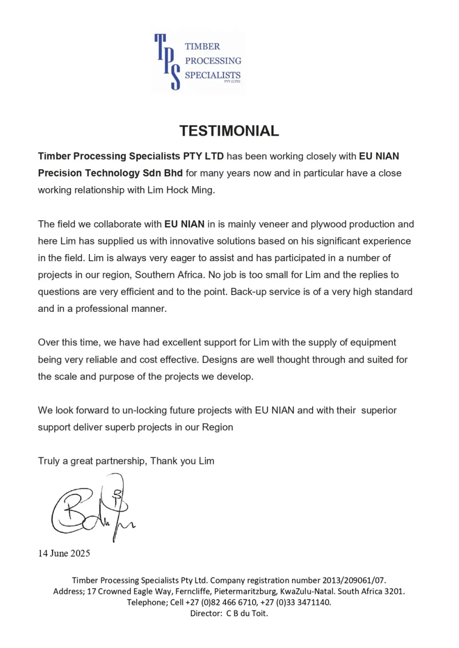 Signed testimonial letter from Timber Processing Specialists Pty Ltd