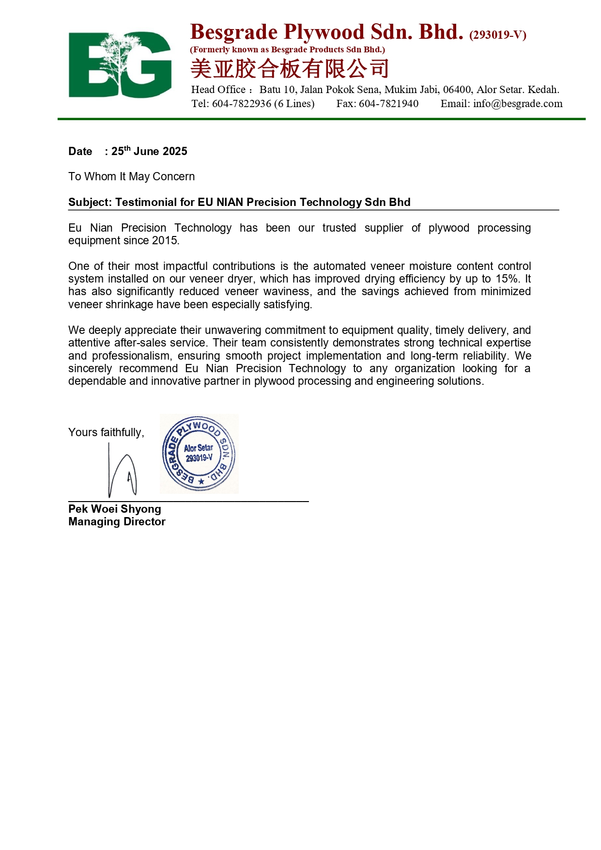 Testimonial letter from Besgrade Plywood Sdn. Bhd. for EU NIAN Precision Technology