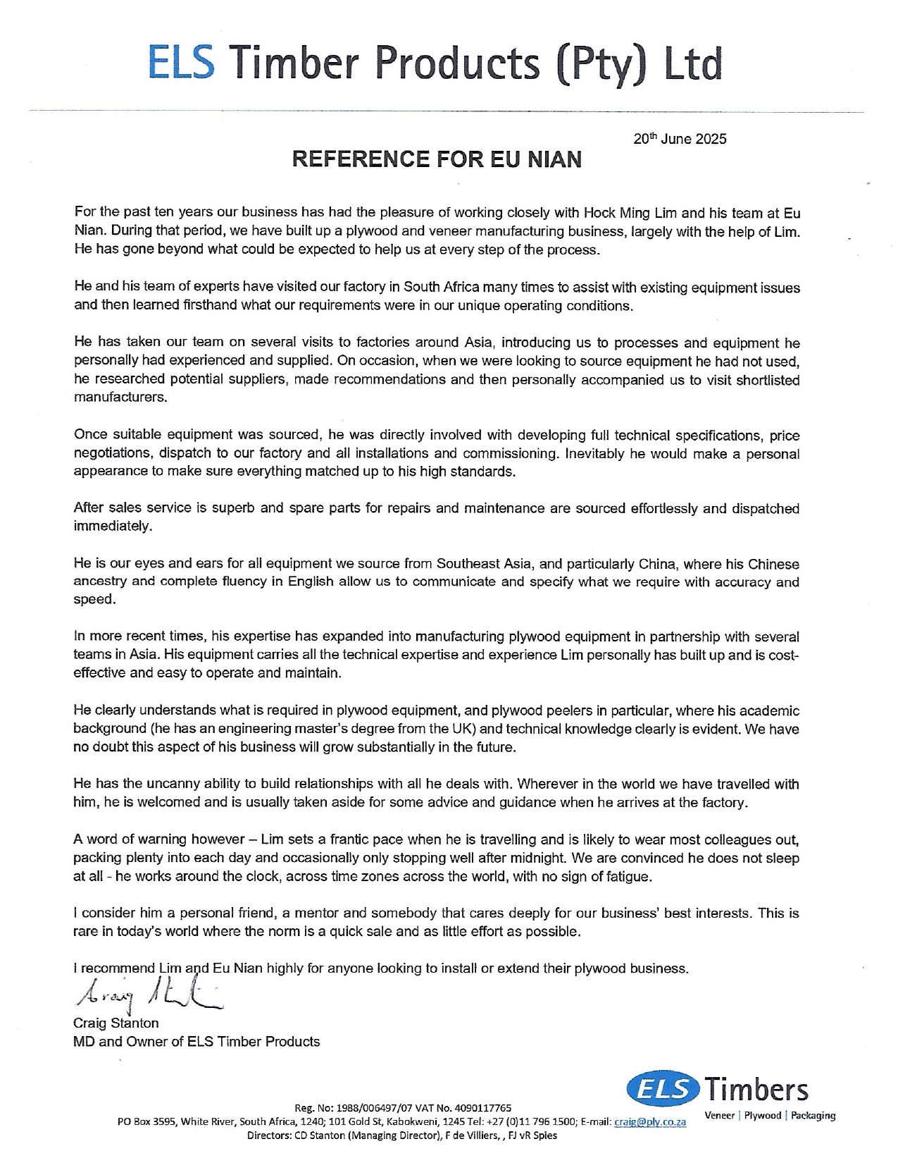 Letter of reference from ELS Timber Products