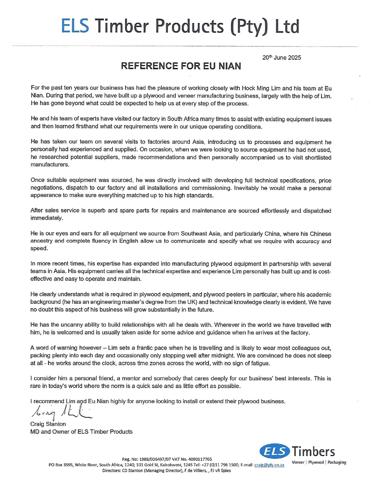 Letter of reference from ELS Timber Products