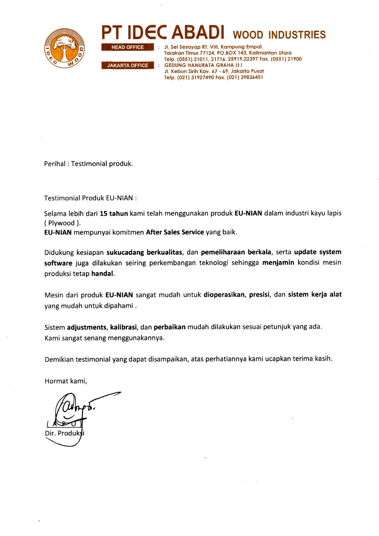 Signed testimonial letter from PT IDEC Abadi Wood Industries