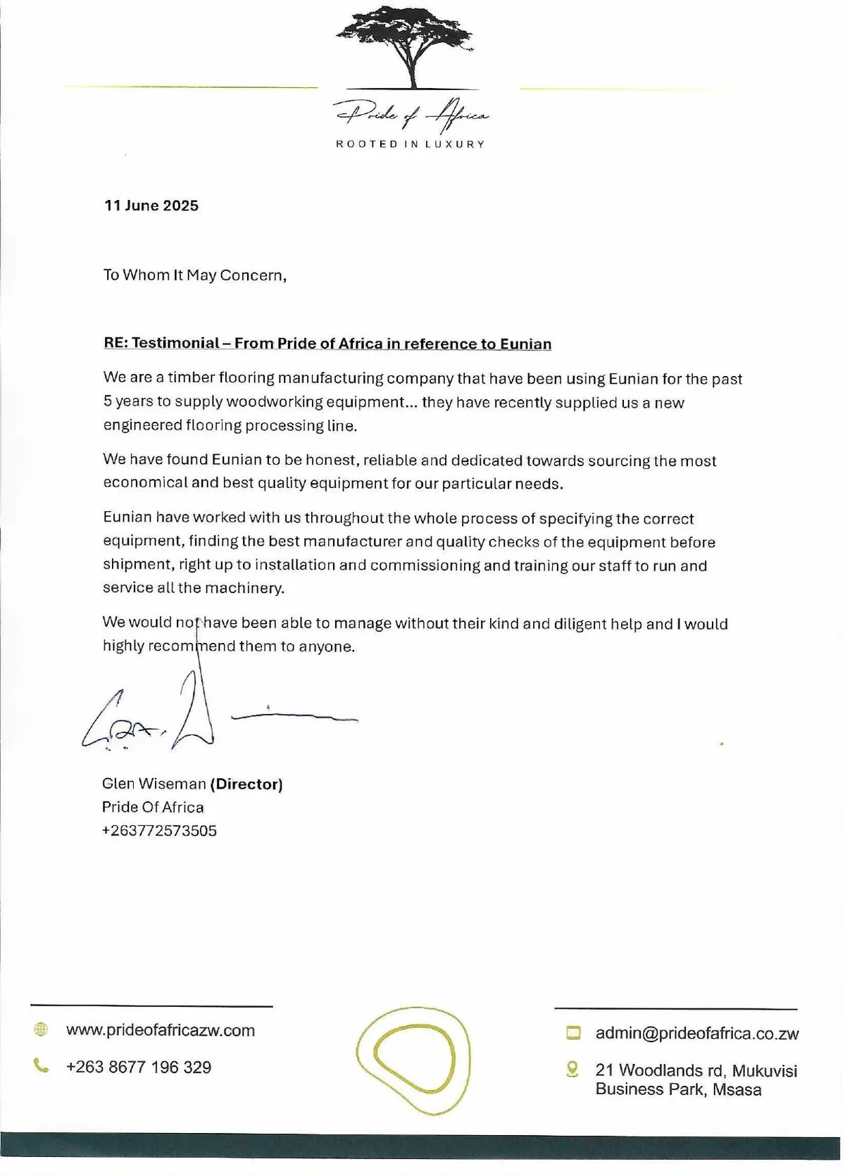Signed testimonial letter from Pride of Africa Exports