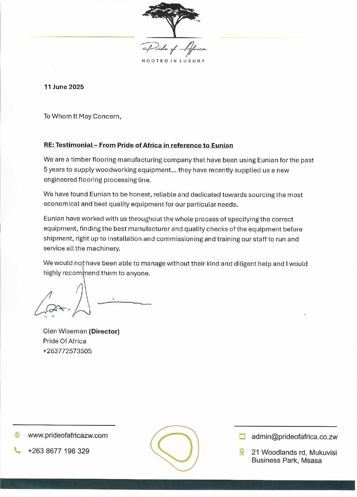 TESTIMONIAL FROM PRIDE OF AFRICA