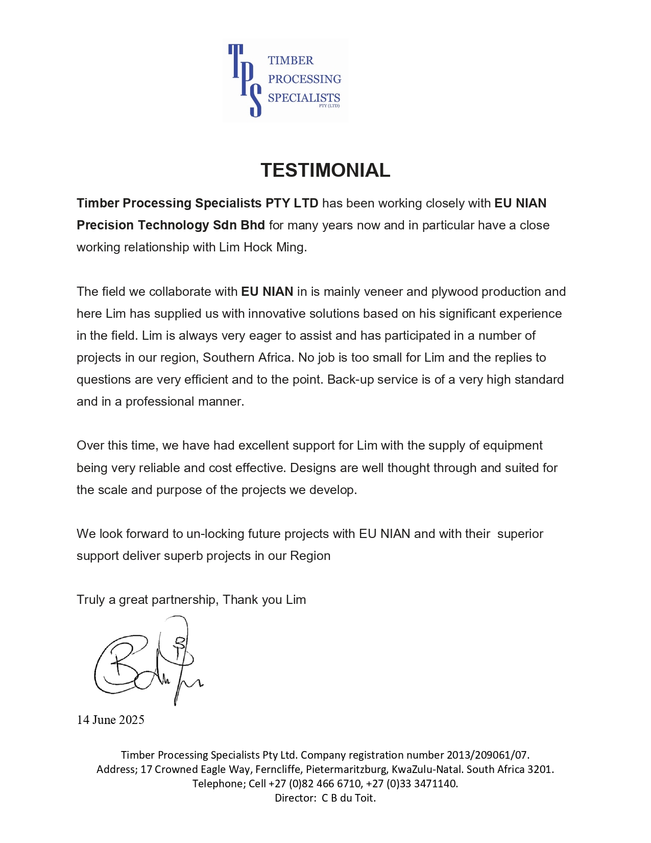 TESTIMONIAL FROM PRIDE OF AFRICA